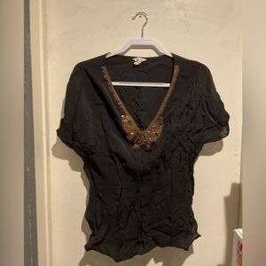 Black & Gold beaded Blouse w/ low cut neckline Size M